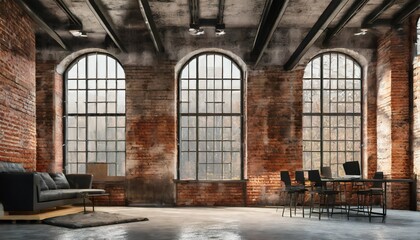 Fototapeta na wymiar empty loft industrial grunge interior old brick walls and big windows interior concept background 3d render