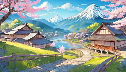Fototapeta na wymiar the village in japan anime illustration is a place of harmony and balance where people live in harmony with the land and with each other