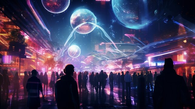 The futuristic "Future Fest" featuring holographic displays, neon lights, and flying vehicles, a vibrant crowd immersed in augmented reality experiences, the environment