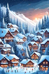 Papier Peint photo Lavable Bleu winter snow christmas house landscape tree mountain