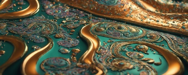 a close up of a green and gold fabric