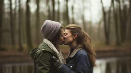 Fototapeta premium Female couple kissing.generative ai