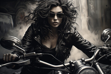 Fototapeta na wymiar A girl rides a motorcycle at high speed, full-face