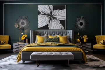 Modern bedroom with a striking 3D intricate pattern in yellow and green on the headboard, contrasting with dark grey walls