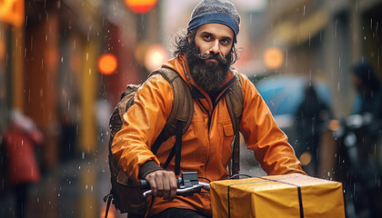 Fototapeta na wymiar delivery guy, carrying the package in the rain joyous.generative ai