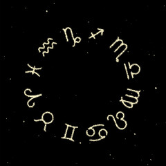 Fototapeta na wymiar Astrology Zodiac signs wheel with twelve symbols in retro dotwork style. Full astrologic year, for New Years prognosis