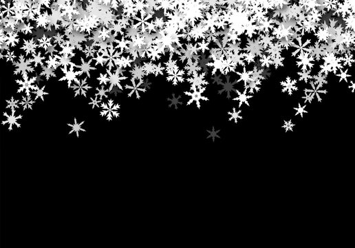Christmas background with falling snowflakes. Winter holiday background or frame with pattern of layered snow.