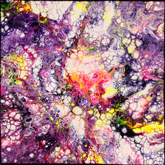 Abstract hand painted fluid or liquid art multicolored background. Acrylic painting on canvas with color gradients, splash, and wave patterns. Contemporary or modern art.