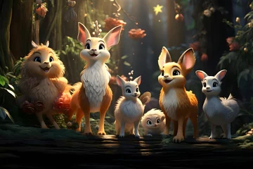 Fotobehang Funny cartoon foxes in the forest. 3D illustration. © Iman