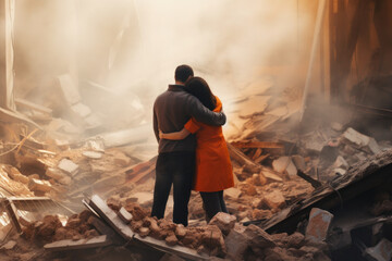 Fototapeta premium Couple embraces amidst rubble post-earthquake, a poignant scene of loss and unity, against a backdrop of destruction and hope