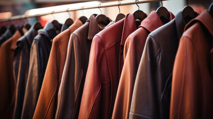Row of premium leather jackets on display, ranging from dark to light brown hues, showcasing quality craftsmanship and style