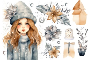  a watercolor painting of a girl wearing a winter outfit and a hat, surrounded by flowers, leaves, and a cake topper on a white background of snow.