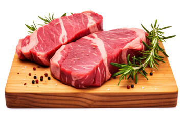 Fresh raw meat steaks and rosemary on cutting board isolated on transparent background