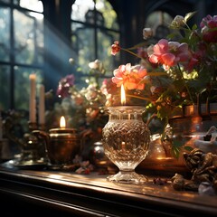 Fototapeta na wymiar Vintage candlestick, candles and flowers on the windowsill