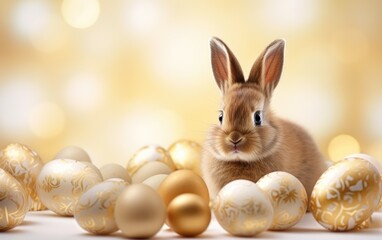 Easter bunny and golden eggs on a pastel background