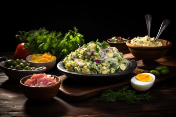  a wooden table topped with bowls of food and a bowl of salad next to a bowl of eggs and a bowl of salad with an egg on top of greens.