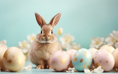 Fototapeta na wymiar Easter bunny and golden eggs on a pastel background