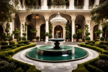 Fototapeta na wymiar A boutique hotel entrance with a grand fountain and meticulously manicured gardens, capturing the essence of opulence and grandeur.