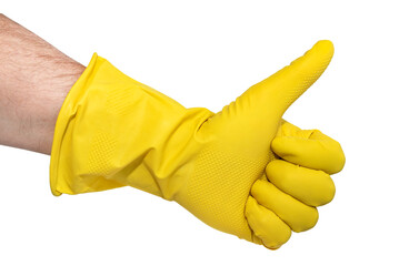 A hand in yellow rubber gloves shows a thumbs up on a white background. Rubber gloves isolate