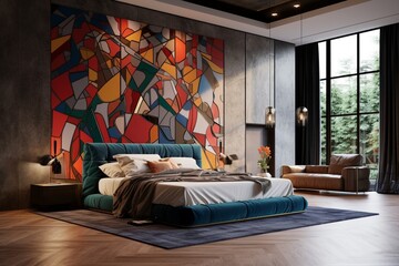The bedroom transforms into a haven of sophistication with a 3D intricate colorful pattern, casting a dynamic play of hues across the stylish wall.