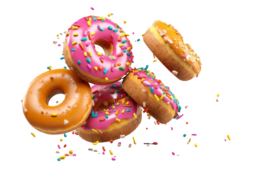 Minimal motion, colorful donuts with light frosting and sprinkles. generative ai