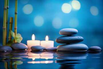 Luxurious upscale wellness spa for relaxation with lotus, bamboo and orchid flowers and candles
