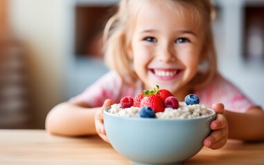 Toddler eating Healthy oatmeal with berries in the morning