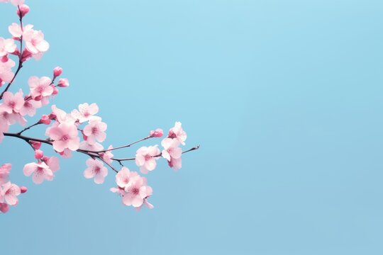 a branch of a cherry tree with pink flowers in the foreground, and a blue sky in the background, with only a few clouds in the foreground.