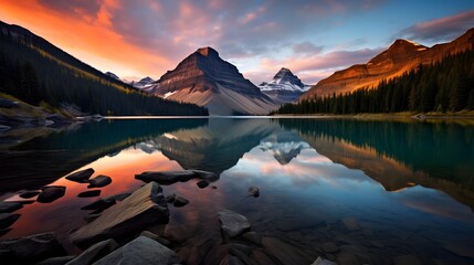 Mountain lake at sunset, Jasper National Park, Alberta, Canada