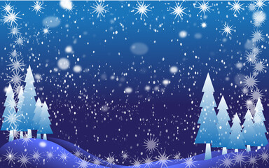 Merry Christmas background in blue with pine forest trees, snow flakes etc. 2023.