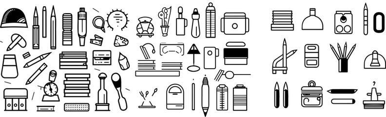 black and white illustration of school tools