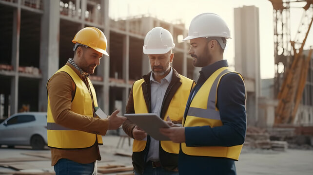 Diverse team on construction site with tablet, discussing real estate project plans.generative ai