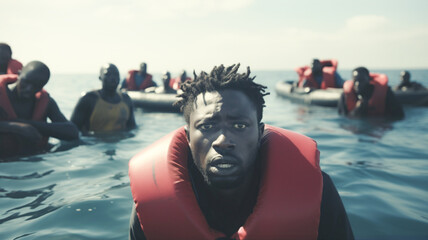 Migrants disembark in water from old ship. Refugees in boat crossing stormy sea. Growing illegal migration flows, problem of integration of migrants. - obrazy, fototapety, plakaty