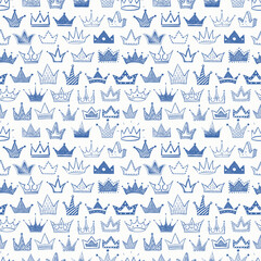 Seamless backrgound with blue pen sketch doodle crowns. Can be used for wallpaper, pattern fills, textile, web page background, surface textures.