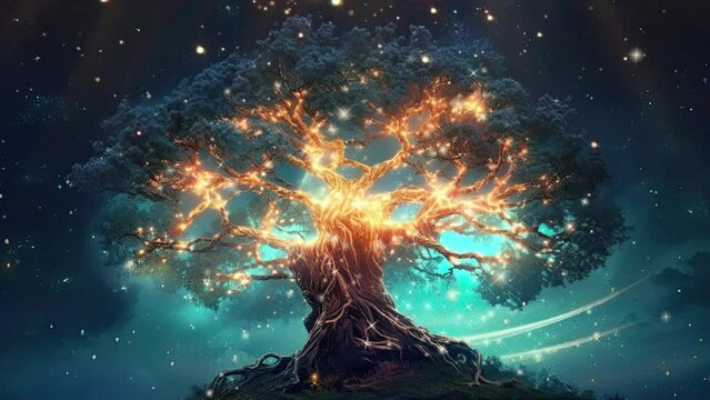 green planet concept - green tree of life with power lines, lights around
