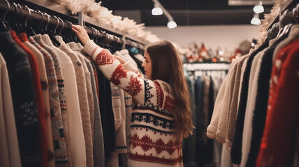 Fototapeta na wymiar in a clothing store, woman is choosing a sweater for winter with long sleeves.generative ai