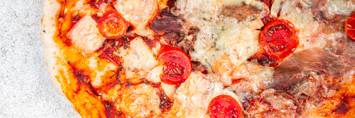 pizza jamon, tomato sauce, cheese fresh eating cooking appetizer meal food snack on the table copy space