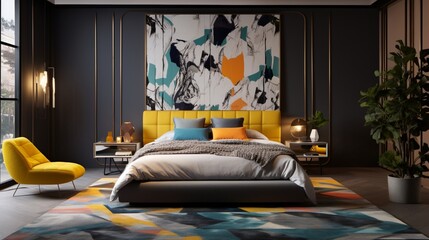 An upscale bedroom with a plush throw blanket adorned with a 3D intricate colorful pattern in yellow and dark grey, set against the backdrop of elegant, modern furnishings