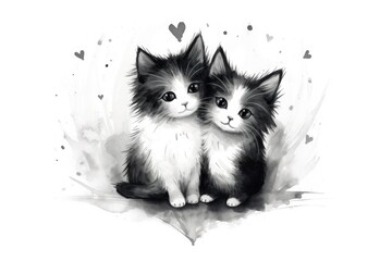 Black and white illustration of two fluffy kittens sitting side by side with hearts above them, St valentines day, card