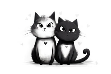 Illustration of two cartoon cats, one white and one black, with heart markings on their bodies