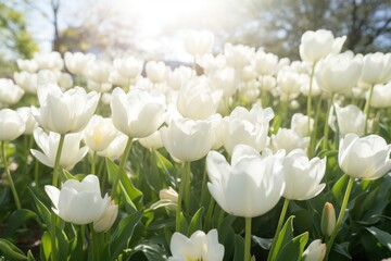  a field full of white tulips with the sun shining through the trees on the other side of the field, in the middle of which is a field is a large number of white tulips.