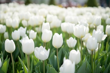  a field of white tulips with green leaves in the foreground and a blurry building in the back ground in the middle of the photo, with trees in the background.