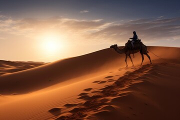  a man riding on the back of a camel in the middle of the sahara desert at sunset or dawn with the sun shining on the horizon behind the sand dunes.