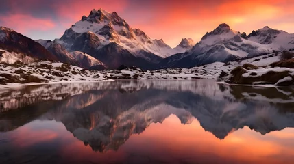 Fototapeten Panoramic view of snowy mountains reflected in the lake at sunset © Iman