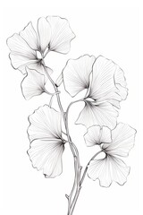 Line art drawing postcard with black and white Ginkgo leaves