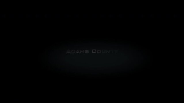 Adams County 3D title metal text on black alpha channel background