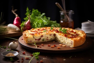  a close up of a pizza on a plate with a slice taken out of it on a table with other food and utensils on the side of the table.