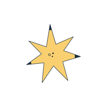 Isolated abstract yellow seven pointed star on white background. Space object. Flat cartoon style. Sticker, print on a T-shirt. Vector illustration