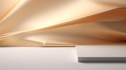 Blank white banner in front of the abstract gold waves wall background.

