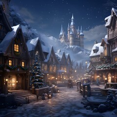 Winter wonderland. Fairy tale castle in the snow. Magical winter landscape.